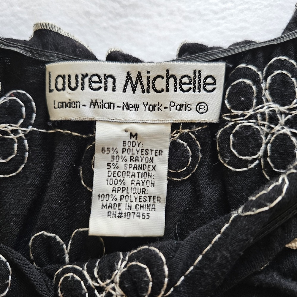 Lauren Michele ladies Black With White Applique Floral Designs, Cap Sleeves. Med - Picture 5 of 7